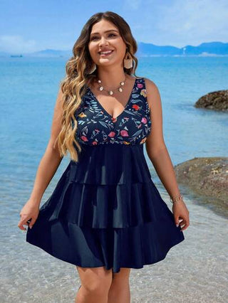 SHEIN Swim Curve تانكينى صيفى بدون أكمام وطباعة بسيطة لسيدات مقاسات كبيرة