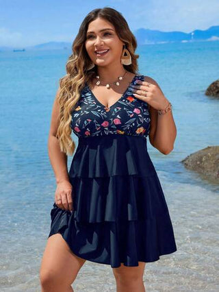 SHEIN Swim Curve تانكينى صيفى بدون أكمام وطباعة بسيطة لسيدات مقاسات كبيرة