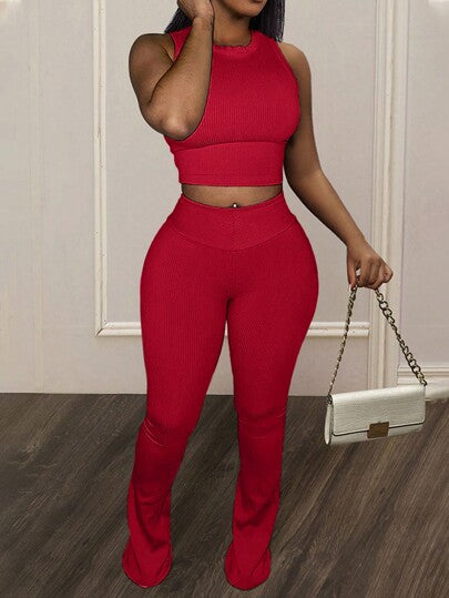 Slaydiva مجموعة 2 قطعة للنساء متعددة الاستخدامات لكل الأوقات، تحتوي على ملابس علوية بدون أكمام بنسيج مضلّع متناسق وبنطال بخصر عالي وضيّق للارتداء اليومي وفي المنزل