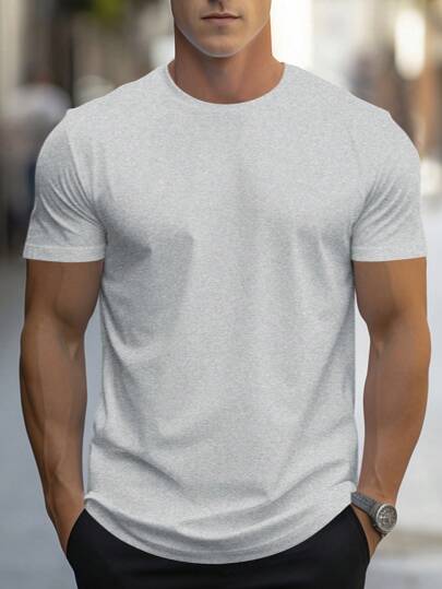 Manfinity Homme تي شيرت رجالي صيفي بأكمام قصيرة ورقبة دائرية بلون سادة و تصميم عادي