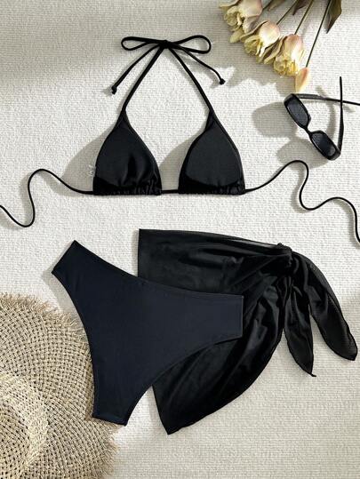 Swim Basics مجموعة بكيني نسائية بطراز لون واحد مكونة من الصدرية والكيلوت والتنورة الواقية ، للصيف والشاطئ، 3 قطع/مجموعة