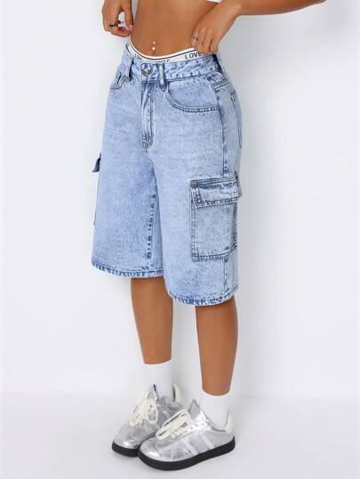 SHEIN ICON شورت جينز عصري بتصميم جيوب وغسل