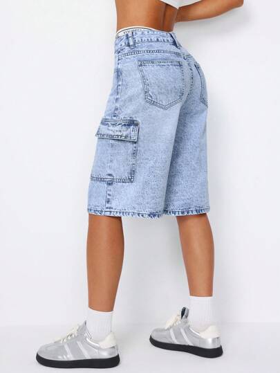 SHEIN ICON شورت جينز عصري بتصميم جيوب وغسل