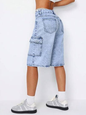 SHEIN ICON شورت جينز عصري بتصميم جيوب وغسل