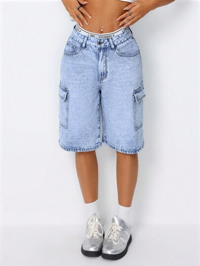 SHEIN ICON شورت جينز عصري بتصميم جيوب وغسل