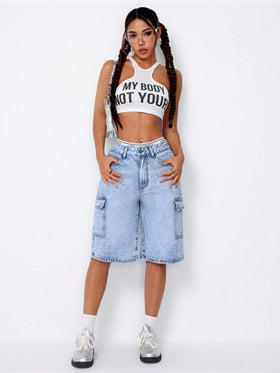 SHEIN ICON شورت جينز عصري بتصميم جيوب وغسل