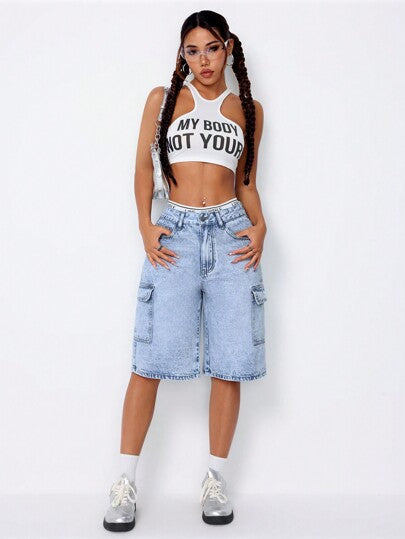 SHEIN ICON شورت جينز عصري بتصميم جيوب وغسل
