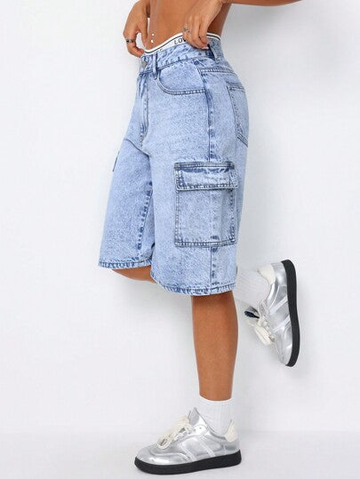 SHEIN ICON شورت جينز عصري بتصميم جيوب وغسل