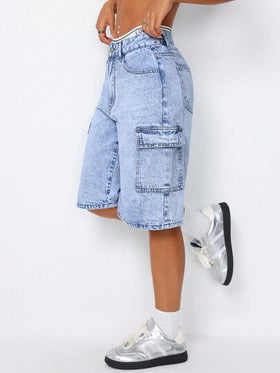 SHEIN ICON شورت جينز عصري بتصميم جيوب وغسل