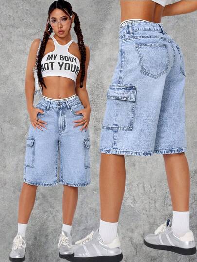 SHEIN ICON شورت جينز عصري بتصميم جيوب وغسل