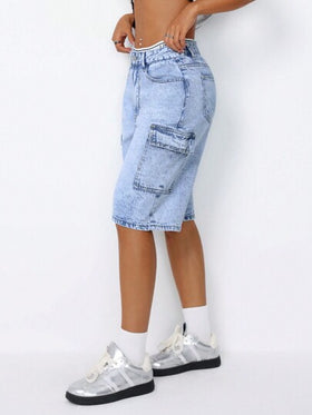 SHEIN ICON شورت جينز عصري بتصميم جيوب وغسل