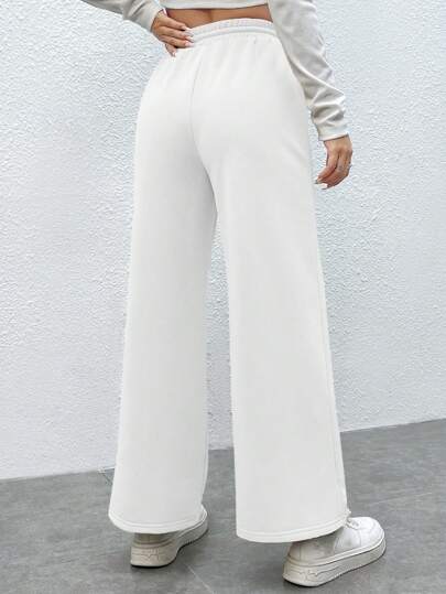 SHEIN PETITE سروال نسائي واسع عادي بخصر رباط بلون سادة وجيوب