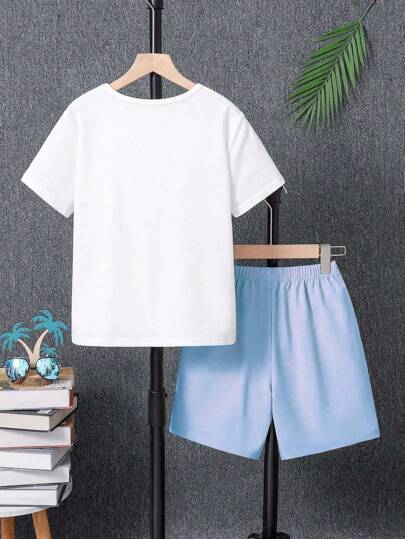 طقم تي شيرت كروشيه قصير الأكمام وشورت للفتيان المراهقين، قطعتين بطراز كاجوال صيفي رياضي مريح مطبوع