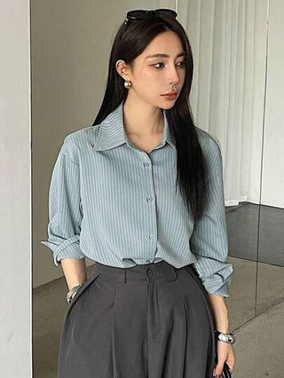 DAZY قميص نسائي فضفاض مخطط للاستخدام اليومي/المدرسة، ملابس علوية بطراز بريبي، ملابس نسائية للخريف