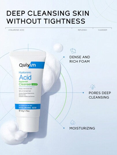 مجموعة ترطيب QUIYUM  Hyaluronic Acid للعناية بالبشرة، تحتوي على (كريم الوجه 30 جرام وغسول الوجه 50 جرام وكريم العين 15 جرام وسيروم الوجه 17 مل ومقشر الوجه 50 جرام ولوسيون الجسم 100 جرام)، ترطيب وتفتيح البشرة مع هدايا العناية بالبشرة، تحسن من الجمال...