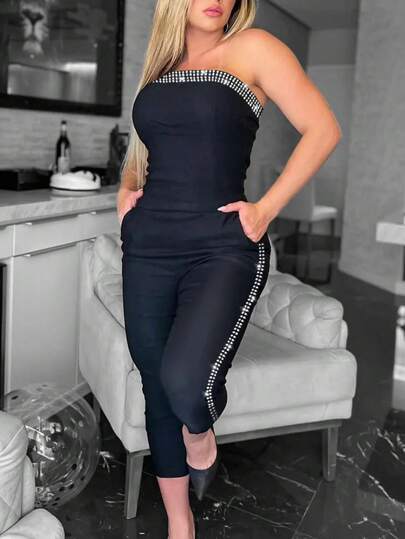 ChicMe جمبسوت سبور بدون أشرطة مرصعة بالراين، جمبسوت نحيفة وجذابة، ملابس سهرة أنيقة للنساء باللون الأسود للصيف