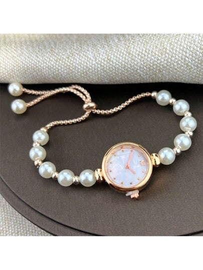 1 قطعة ساعة كوارتز أنيقة لحفل - إطار ذهبي وردي سبيكة مرصع بخرز اللؤلؤ الأبيض للنساء، وقرص نسيج أم اللؤلؤ النقش - مناسب كهدية للطلاب عند العودة إلى المدرسة