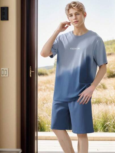 بيجامة صيفية للرجال، تي شيرت بأكمام قصيرة وياقة مستديرة وشورت، ملابس منزلية كاجوال مطبوعة، لون أزرق فاتح بارد