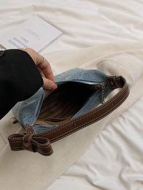 حقيبة يد جديدة عصرية كلاسيكية متعددة الاستخدامات بتصميم لون أحادي مبطن، مطرز بالخيوط، مرصع بالراين، بشكل ربطة القوس، مصنوعة من قماش مغسول مناسبة للتسوق والذهاب للعمل وحفلات