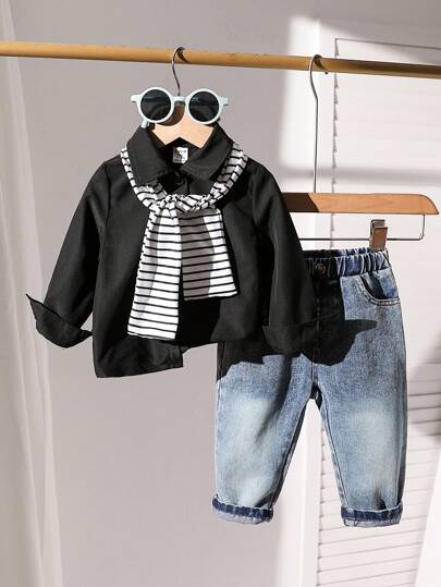 SHEIN Playful Pals زي بيبي بويز اليومي البسيط طويل الأكمام بالجينز