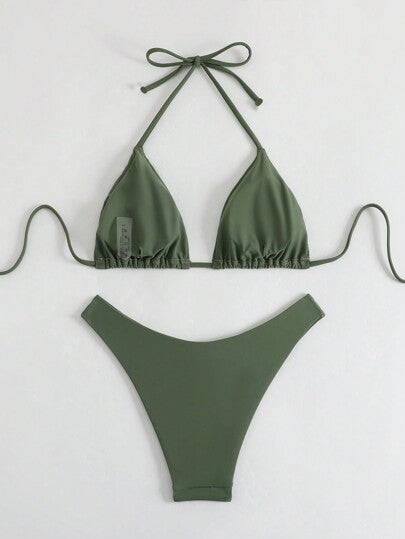Swim Basics مجموعة بكيني منفصلة بلون أحادي وعنق هولتر نسائية للشاطئ الصيفي بمظهر جذاب
