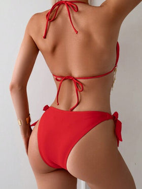 SHEIN Swim 2 قطعة مجموعة ملابس السباحة النسائية المكونة من بيكيني معدني بسلسلة معلقة و إكسسوار ، بطقم سباحة منفصل مناسب للأجازات والشاطئ الصيفية