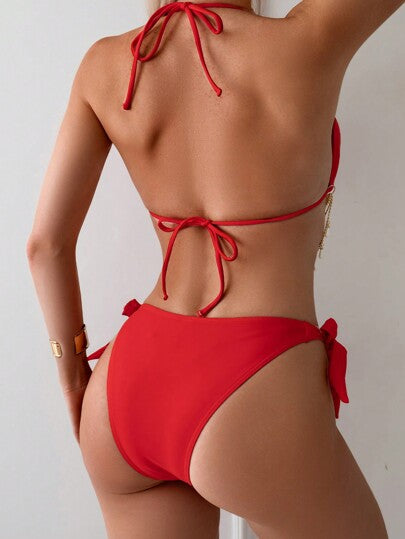SHEIN Swim 2 قطعة مجموعة ملابس السباحة النسائية المكونة من بيكيني معدني بسلسلة معلقة و إكسسوار ، بطقم سباحة منفصل مناسب للأجازات والشاطئ الصيفية