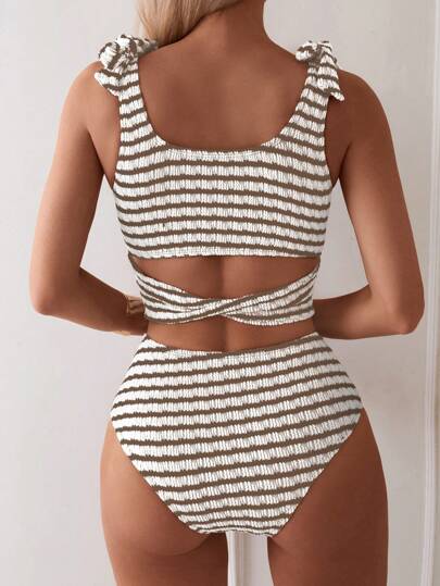 طقم تانكيني حريمي Swim Lushoire مجموعة ملابس علوية صيفية بياقة دائرية صلبة مع تانك توب مطبوع و مخطط مع ربطة عنق خلفية و تانكيني مثلثية الأسفل لقضاء العطلة