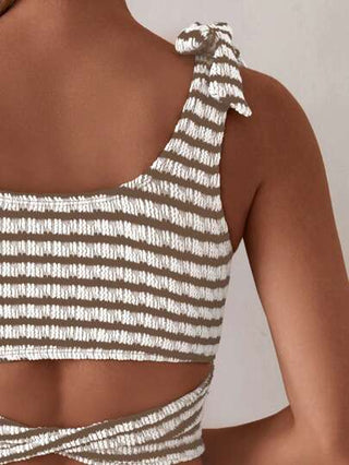 طقم تانكيني حريمي Swim Lushoire مجموعة ملابس علوية صيفية بياقة دائرية صلبة مع تانك توب مطبوع و مخطط مع ربطة عنق خلفية و تانكيني مثلثية الأسفل لقضاء العطلة