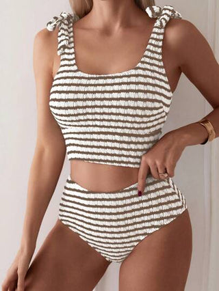 طقم تانكيني حريمي Swim Lushoire مجموعة ملابس علوية صيفية بياقة دائرية صلبة مع تانك توب مطبوع و مخطط مع ربطة عنق خلفية و تانكيني مثلثية الأسفل لقضاء العطلة