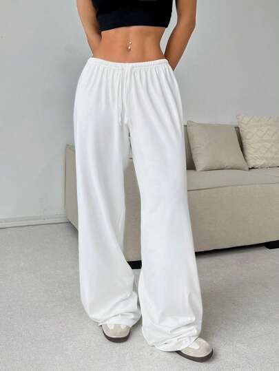 EZwear سروال بيت فضفاض محبوك أبيض ناعم، سروال فضفاض
