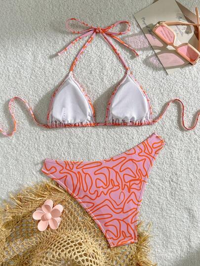 Swim Mod مجموعة بيكيني عنق قابل للربط مطبوعة بخطوط مع طباعة عشوائية لصيف النساء على الشاطئ