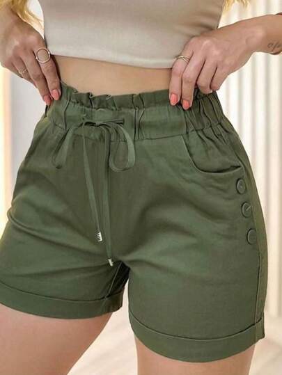 SHEIN LUNE شورت نسائي بلون أحادي مع تريم مكرر، ربطة خصر وزخرفة أزرار