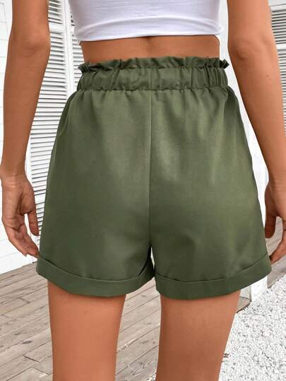 SHEIN LUNE شورت نسائي بلون أحادي مع تريم مكرر، ربطة خصر وزخرفة أزرار