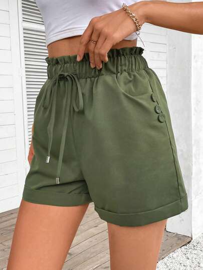 SHEIN LUNE شورت نسائي بلون أحادي مع تريم مكرر، ربطة خصر وزخرفة أزرار