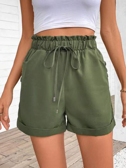 SHEIN LUNE شورت نسائي بلون أحادي مع تريم مكرر، ربطة خصر وزخرفة أزرار