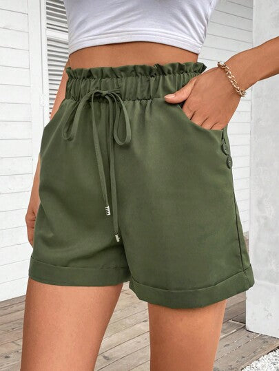 SHEIN LUNE شورت نسائي بلون أحادي مع تريم مكرر، ربطة خصر وزخرفة أزرار