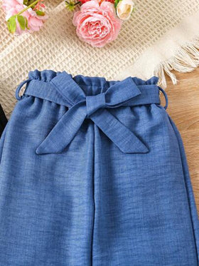 SHEIN Vintaside Kids سروال فضفاض بخصر زهري لفتاة شابة ذوي الأرجل الواسعة بموحد اللون للملابس العارضة