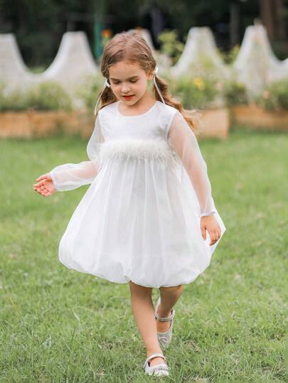فستان أطفال Glamorique Kids فستان فتيات بأكمام طويلة وريش وتول جميلة