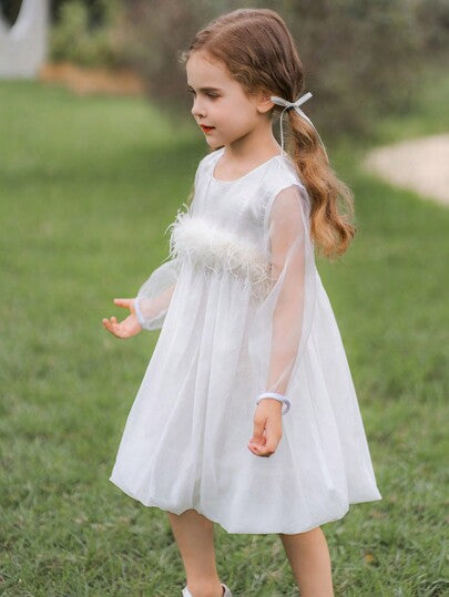 فستان أطفال Glamorique Kids فستان فتيات بأكمام طويلة وريش وتول جميلة