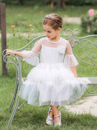 فستان أطفال Glamorique Kids فستان أبيض رسمي من الشبكة للفتيات, فستان حفلة زفاف