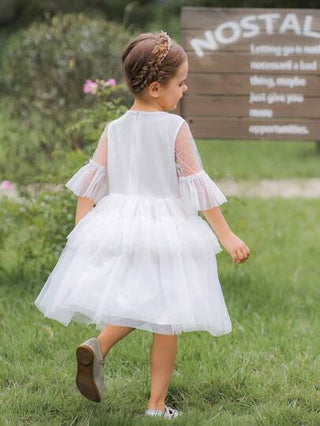 فستان أطفال Glamorique Kids فستان أبيض رسمي من الشبكة للفتيات, فستان حفلة زفاف