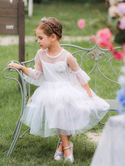 فستان أطفال Glamorique Kids فستان أبيض رسمي من الشبكة للفتيات, فستان حفلة زفاف