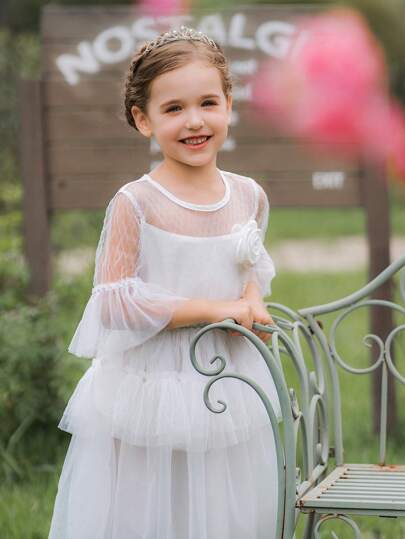 فستان أطفال Glamorique Kids فستان أبيض رسمي من الشبكة للفتيات, فستان حفلة زفاف