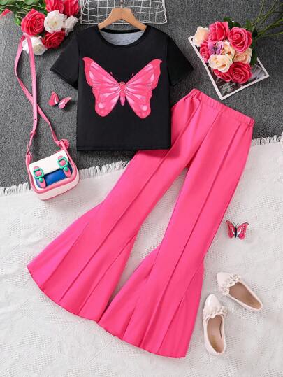 girls-sets طقم بنطلون وتي شيرت للفتيات المراهقات، تي شيرت صيفي عارض مخطط بنمط الفراشة مع بنطلون واسع بلون سادة مكون من قطعتين