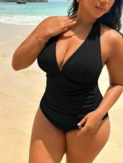 Swim Lushoire مايوه نسائي قطعة واحدة عنق مربوط بالحبل بلون سادة لمقاسات كبيرة لشاطئ الصيف