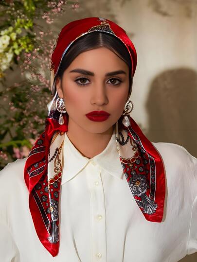قطعة واحدة من الأوشحة الحريرية الحمراء المربعة ذات الطبعة السلسلة العصرية للنساء، رباط رأس أو وشاح للاستخدام في الهواء الطلق ، 90*90 سم، مناسب لربطات الرأس والأوشحة في الربيع والصيف