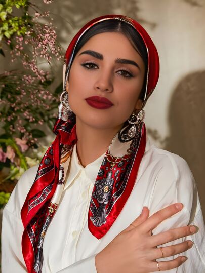 قطعة واحدة من الأوشحة الحريرية الحمراء المربعة ذات الطبعة السلسلة العصرية للنساء، رباط رأس أو وشاح للاستخدام في الهواء الطلق ، 90*90 سم، مناسب لربطات الرأس والأوشحة في الربيع والصيف
