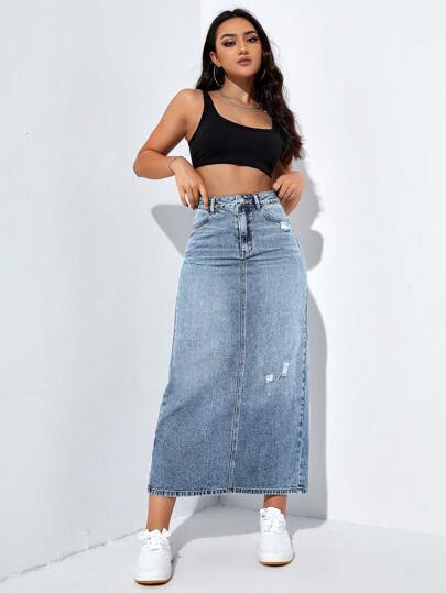 EZwear تنورة جينز ممزقة بخصر عالي للنساء، بلون سادة