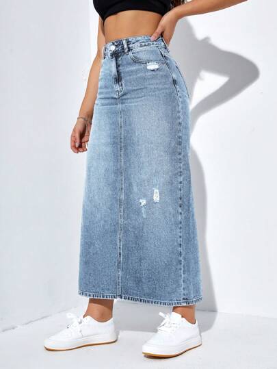 EZwear تنورة جينز ممزقة بخصر عالي للنساء، بلون سادة